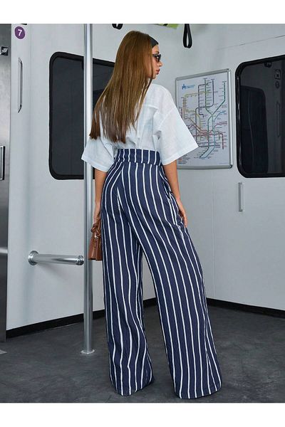 SERBA Striped Fabric Corsage Belt Wide Leg Pants