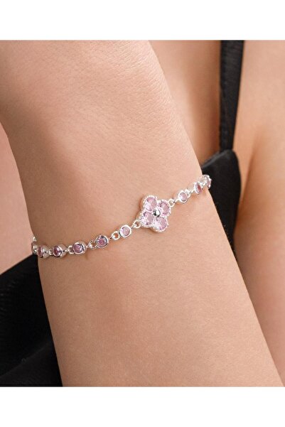 Tmt Silver Gümüş Yonca Çiçek Açık Pembe Zirkon Taşlı Su Yolu Bileklik