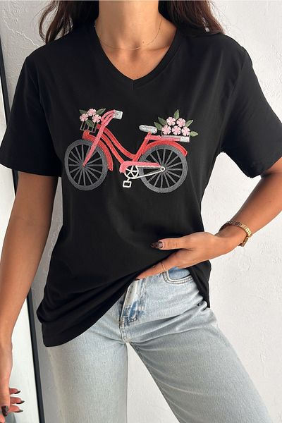 FEMELLE Tricou negru pentru femei, cu decolteu în V, mărime mare, brodat cu paiete, brodat cu paiete, 100% bumbac