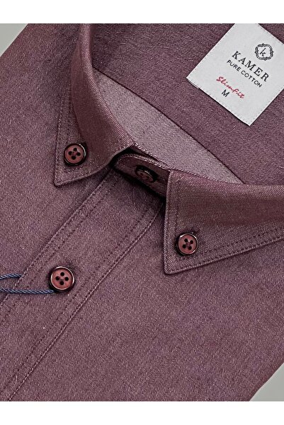 KAMER Men Slim Fit 100% Cotton Long Sleeve Button Collar Burgundy Solid Washed Shirt 2411R
