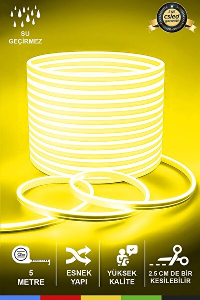 CSled 12V İç ve Dış Mekan Sarı Neon LED Şerit – 50 Metre Esnek Silikon Neon  ...
