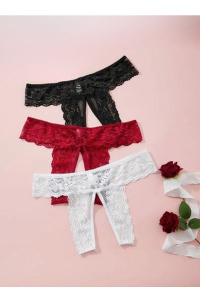 noirsecret Tegan Plus Size Fancy Women's 3-Piece Open Special Zones Lace Thong Set Tg 270045 -B