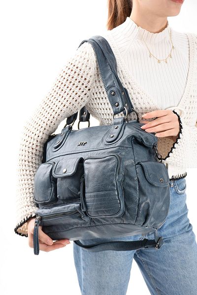 571 Collections Çanta Geantă de umăr din piele artificială albastră (model: 571-13-13L)