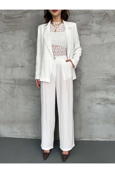 stilsepeti Women's White Crinkle Fabric Lined Padded Blazer Jacket Pants Suit Tl- 100080115