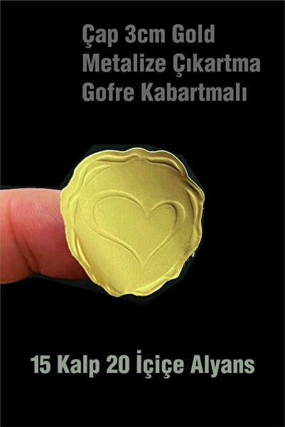 Örün Matbaa Gold/Altın Kalp ve Alyans Şekilli Metalize Kabartma Etiket 3cm Ge...