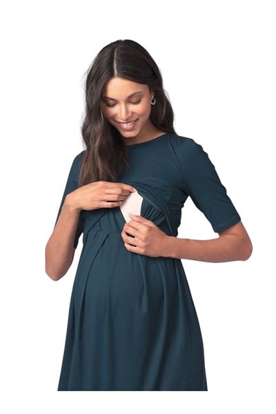 MAMAYAGA Women's Short Sleeve Breastfeeding Detailed Hijab Suitable Viscose Comfortable Stylish Midi Maternity Dress