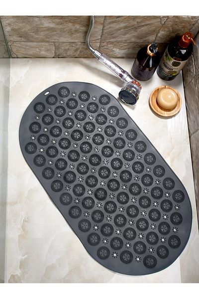Mapple Home Οβάλ μασάζ σιλικόνης Χαλάκι μπάνιου σιλικόνης με βεντούζα Αντιολισθητικό χαλάκι μπάνιου και ντους Anthracite