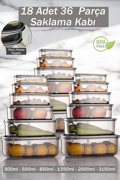 Buclee Set of 18 36-Piece Rectangular Storage Containers Bpa-Free for Kitchen, Pantry Organizer Food Storage Container