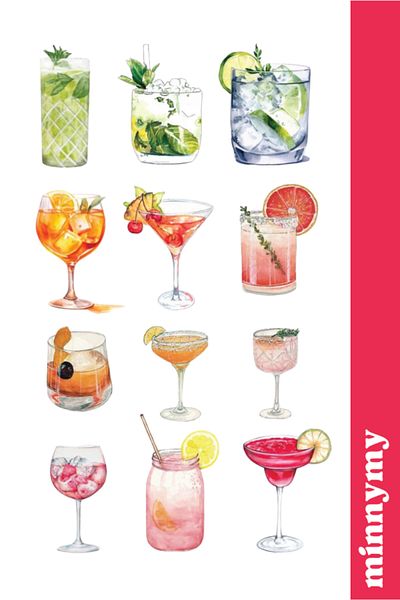 Minnymy Cocktail Collection Sticker, Sticker, Agenda, Diary, Planner, Bullet Journal, Scrapbook