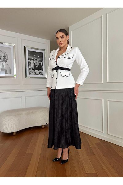 1Moda1Tarz Women's Imported Fabric Top Belted Button Detail Bottom Waist Elastic Pleated Chiffon Fabric Lined Design Suit