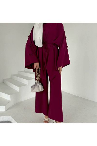 FMN Collection Plug Detail Long Kimono, Blouse and High Waist Pantalon Set