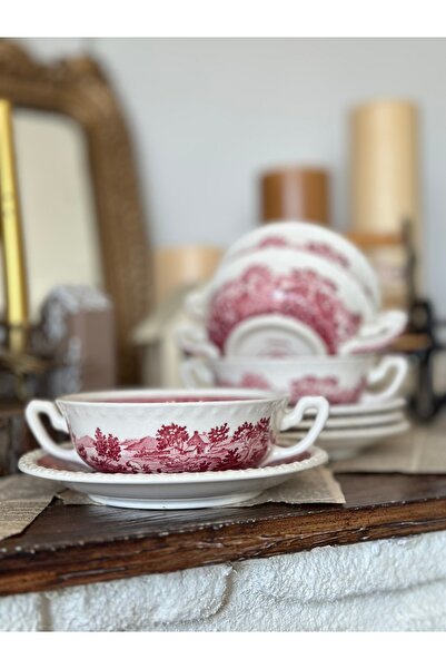 Villeroy & Boch Villeroy Boch Rusticana Porselen Kırmızı Antika Porselen Konsome Kulplu Kase Tabağı Sunumluk Adet