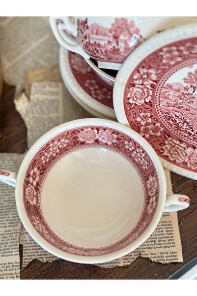 Villeroy & Boch Villeroy Boch Rusticana Porselen Kırmızı Antika Porselen Konsome Kulplu Kase Tabağı Sunumluk Adet