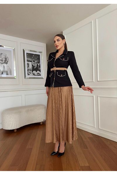 1Moda1Tarz Women's Imported Fabric Top Belted Button Detail Bottom Waist Elastic Pleated Chiffon Fabric Lined Design Suit