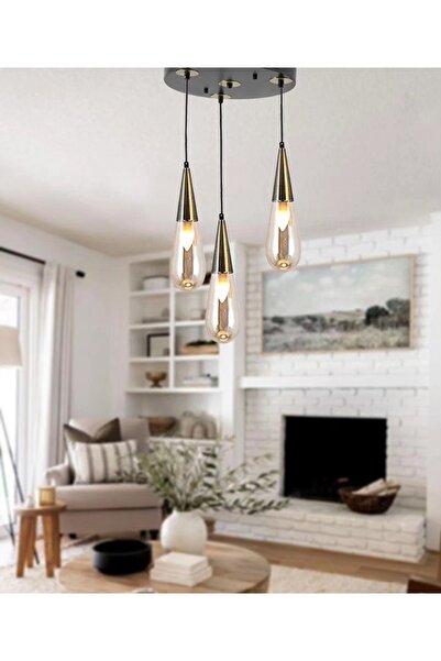 Vera Lighting Damla 3'lü Yuvarlak Siyah Eskitme Bal Camlı Avize