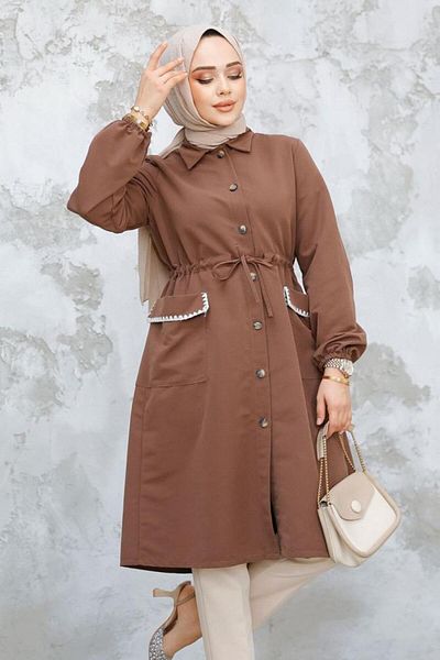 STİLZERAFET Trench Coat with Buttoned Pocket Embroidered Detail