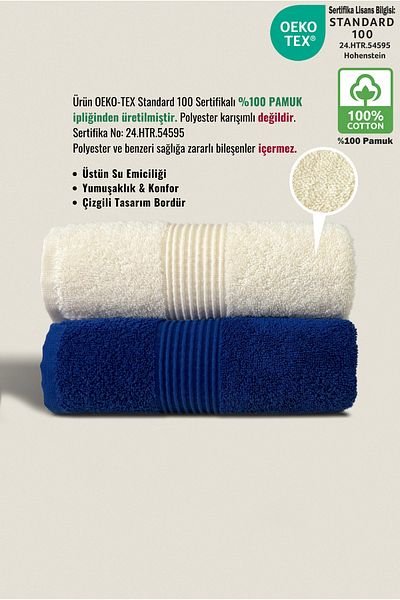 Ellaline Σετ πετσετών 2 τεμαχίων 100% βαμβακερό πιστοποιημένο πετσέτες κουζίνας προσώπου 50x90cm κρέμα - Navy Blue