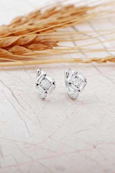 Sümer Telkari Baget Taşlı Rodyumlu Gümüş Mini Halka Küpe 7304