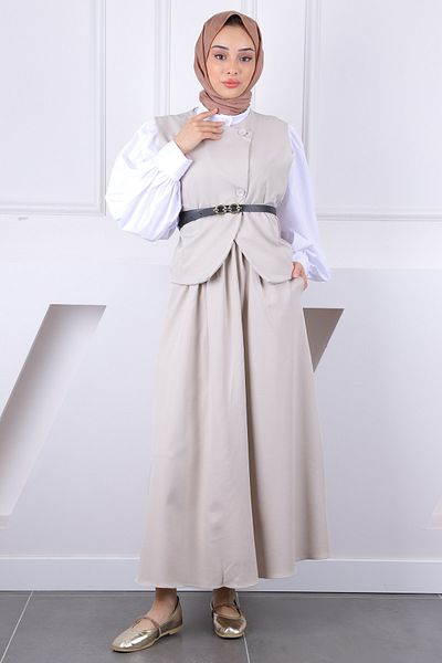 İmajButik Μπεζ Ζώνη Γιλέκο Φούστα Κοστούμι
