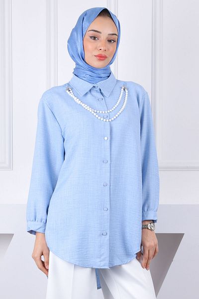 İmajButik Λινό πουκάμισο Baby Blue Pearl με κρεμαστό κόσμημα