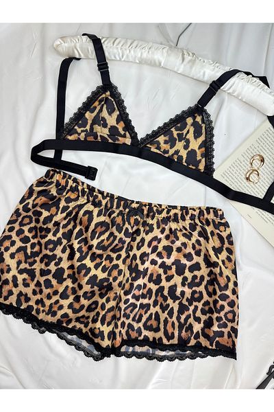 ROZENİN LINGERIE Set de pijamale cu pantaloni scurți din satin cu model leopard