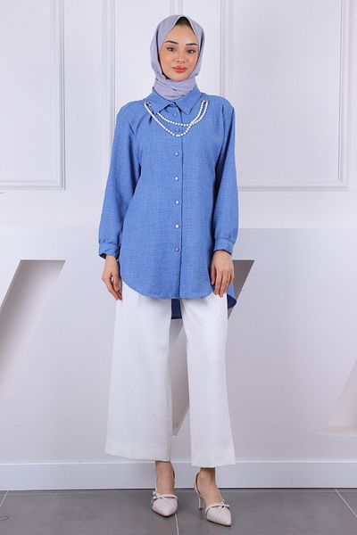 İmajButik Λινό πουκάμισο με κολιέ Indigo Pearl