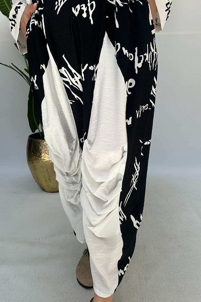 GÖKSEL Patterned Linen Block Gear Pants Large Size