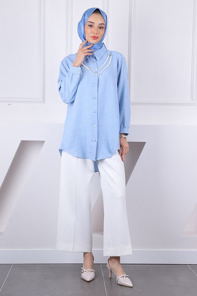 İmajButik Λινό πουκάμισο Baby Blue Pearl με κρεμαστό κόσμημα