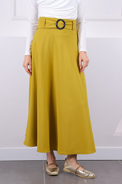 İmajButik Oil Green Flared Skirt with Waist Belt