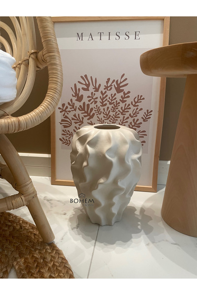 Home Seramik bej kıvrımlı tekli stoneware vazo (muadil marka)