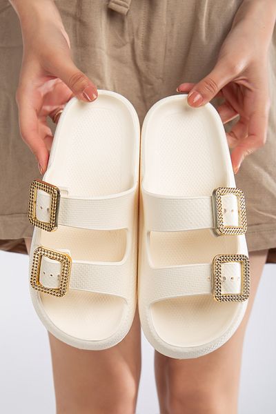 PLN SHOES Women's Stone Buckle Cream Daily Beach Sea Pool Slippers