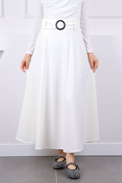 İmajButik Fusta evazată cu centură ecru
