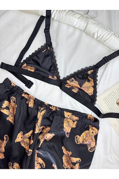 ROZENİN LINGERIE Set de pijamale cu pantaloni scurți din satin cu model ursuleț negru