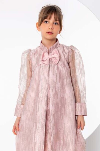 Riccotarz Girl's Bow Collar Detailed Sleeves Transparent Tulle Lined Chiffon Powder Dress