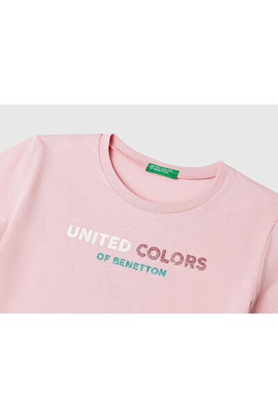 United Colors of Benetton Κοριτσίστικο μπλουζάκι με ροζ γκλίτερ με λογότυπο