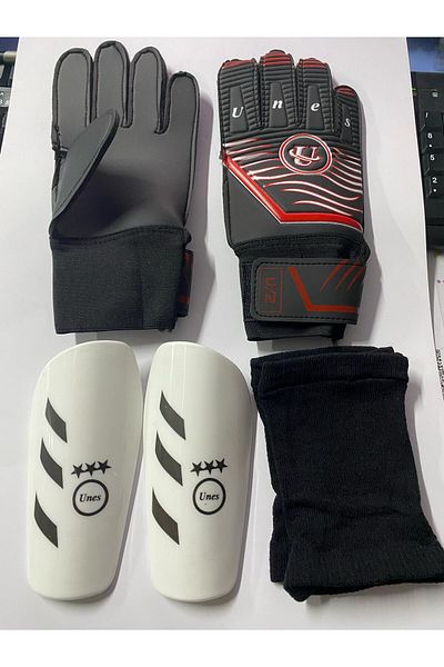 unes Red Goalkeeper Gloves and Shinpad Set