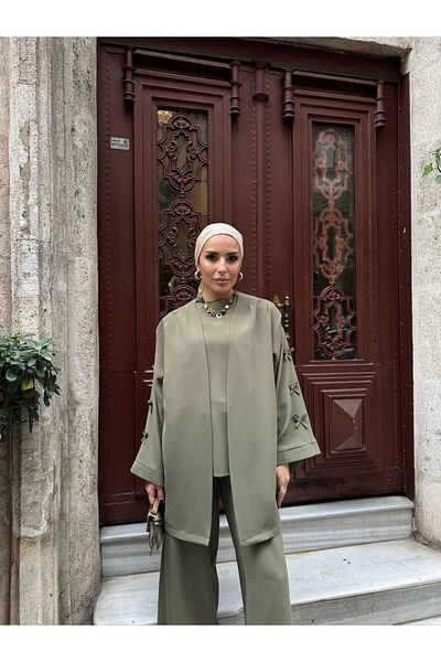 FMN Moda Sleeves Ribbon Bow Detail Design Jacket Blouse Trousers Brand Equivalent Three-Piece Islamic Casual Stylish Suit