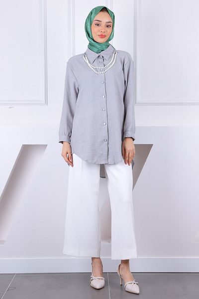 İmajButik Λινό πουκάμισο με γκρι μαργαριτάρι κολιέ