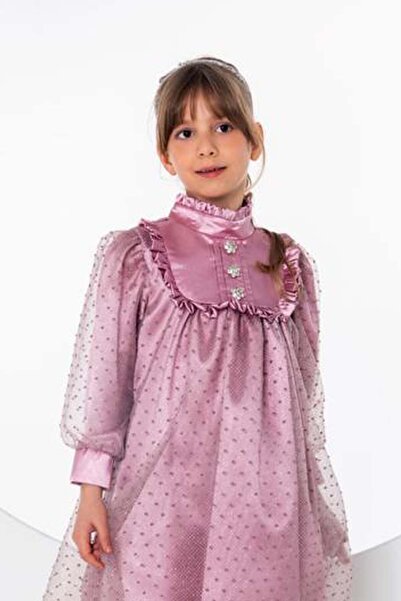 Riccotarz Girl's Spotted and Sequined Lined Rose Dried Dress with Ruffled Collar