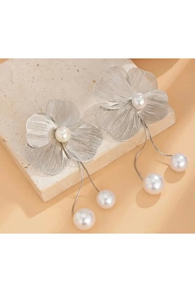 ER TAKI Silver Colored Pearl Dangle Big Showy Flower Stylish Engagement Henna Wedding Wedding Evening Dress Earrings