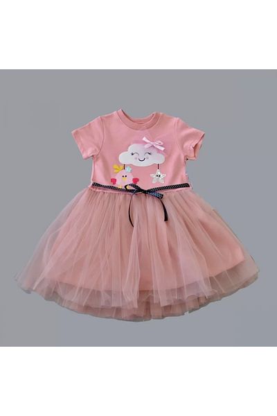 Marsilyan Baby Girl Dress with Tulle Buckle, Cloud Chick and Star Embroidery, Dusty Rose