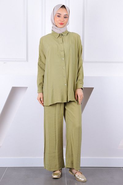 İmajButik Λαδί Πράσινο Casual Modal Σετ με Ρόμπα στην πλάτη