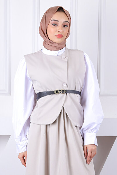 İmajButik Beige Belted Vest Skirt Suit