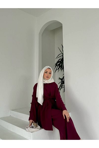 FMN Moda Sleeves Ribbon Bow Detail Design Jacket Blouse Trousers Brand Equivalent Three-Piece Islamic Casual Stylish Suit
