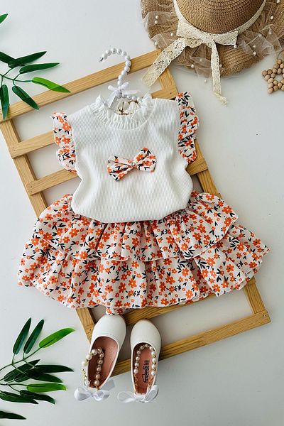Minigimin Cicileri Orange Girl's Mini Skirted Floral Printed Suit