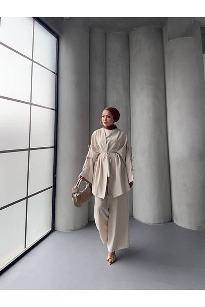 FMN Moda Sleeves Ribbon Bow Detail Design Jacket Blouse Trousers Brand Equivalent Three-Piece Islamic Casual Stylish Suit
