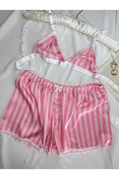 ROZENİN LINGERIE Pink Striped Satin Bralet Shorts Pajama Set