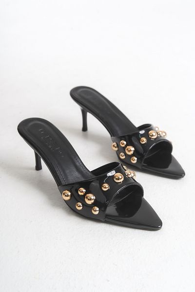 MARSEDO Papuci de damă cu toc subțire, vârf ascuțit, auriu, accesoriu Trop, Juna negru