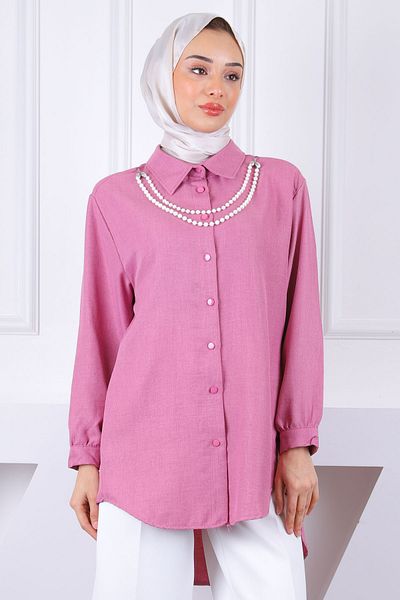 İmajButik Λινό πουκάμισο με κολιέ Dusty Rose Pearl