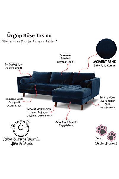 Decoraev Ürgüp Lacivert Modern Köşe Koltuk Takımı Baby Face Yumuşak Kumaş Pofuduk Köşe Koltuk Sağ Köşe